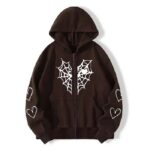 Sp5der Zipper Web & Heart Print Hoodie Brown